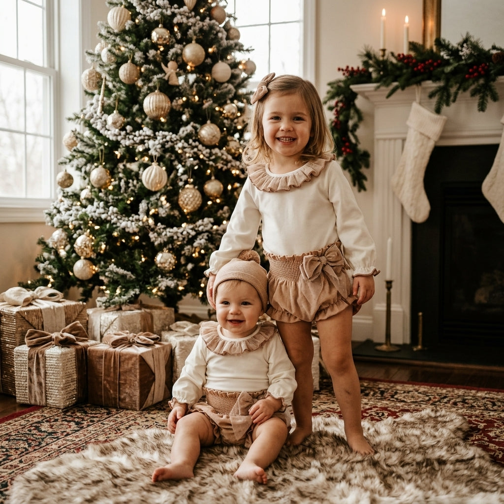 Conjunto Navideño Bebé Beige y Blanco | Moda Infantil | Sonajero Kids
