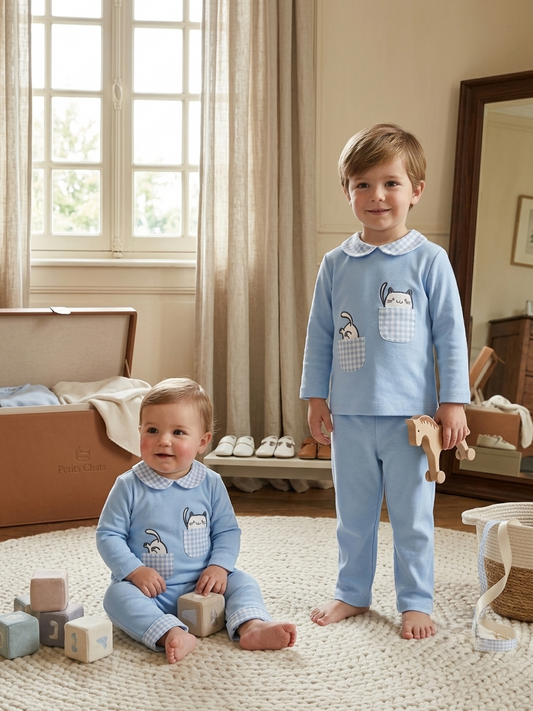 Conjunto Celeste Gatitos y Cuello Vichy | Sonajero Kids