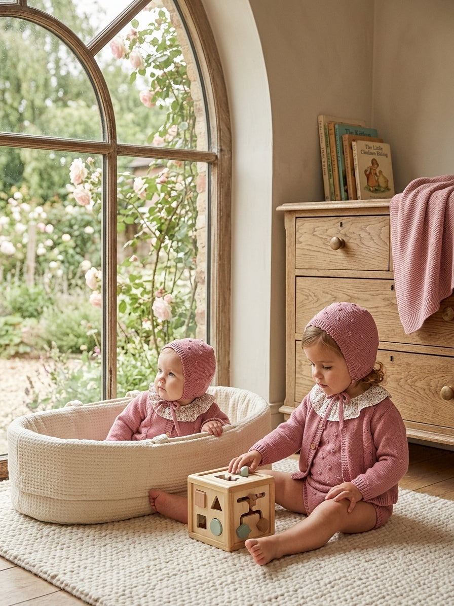 Conjunto Punto Rosa Bebé 4 Piezas con Cuello Floral | Sonajero Kids