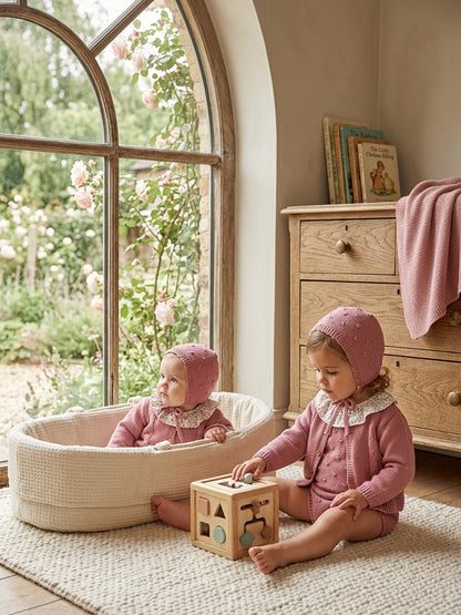 Conjunto Punto Rosa Bebé 4 Piezas con Cuello Floral | Sonajero Kids