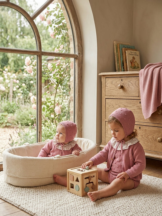 Conjunto Punto Rosa Bebé 4 Piezas con Cuello Floral | Sonajero Kids