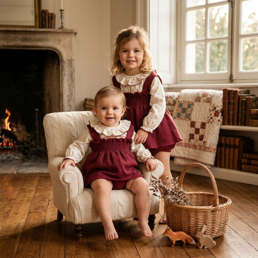 Conjunto Burdeos Bebé y Niña con Blusa Flores | Sonajero Kids