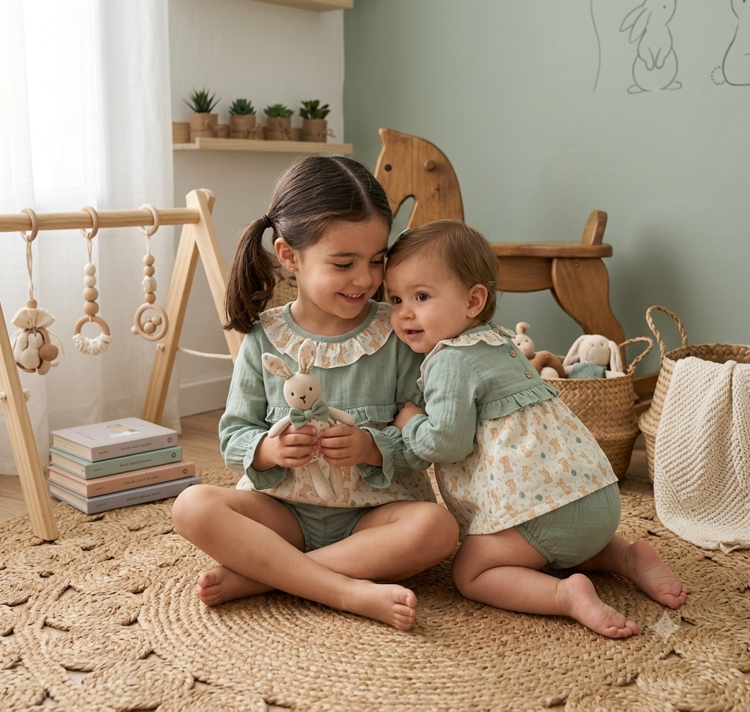 Conjunto Blusa y Ranita Conejitos Verde Agua | Sonajero Kids