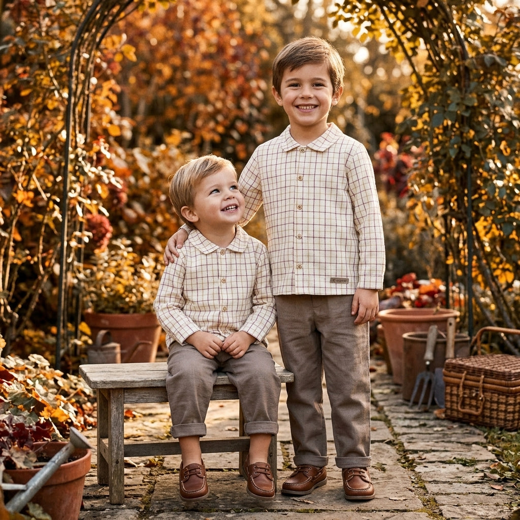 Conjunto Clásico Niño Cuadros y Pantalón Topo | Elegancia Infantil | Sonajero Kids