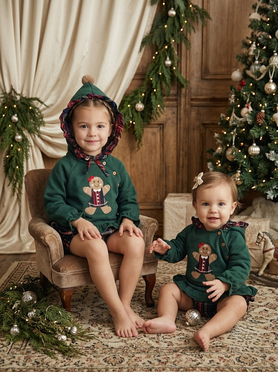 Conjunto Niña Verde Navideño Galleta de Jengibre y Tartán | Sonajero Kids
