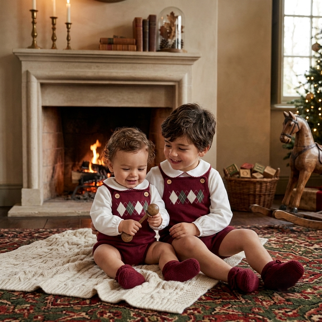Conjunto de punto granate infantil con peto corto de rombos | Sonajero Kids