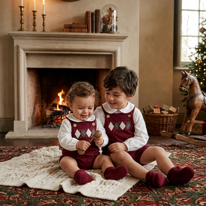 Conjunto de punto granate infantil con peto corto de rombos | Sonajero Kids