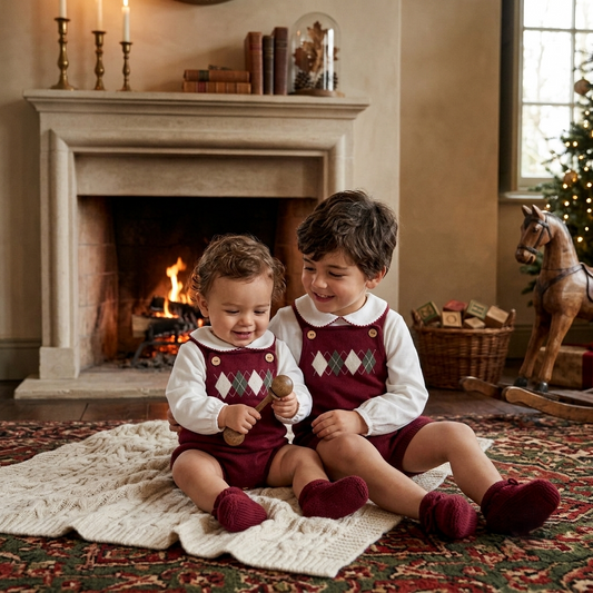 Conjunto de punto granate infantil con peto corto de rombos | Sonajero Kids