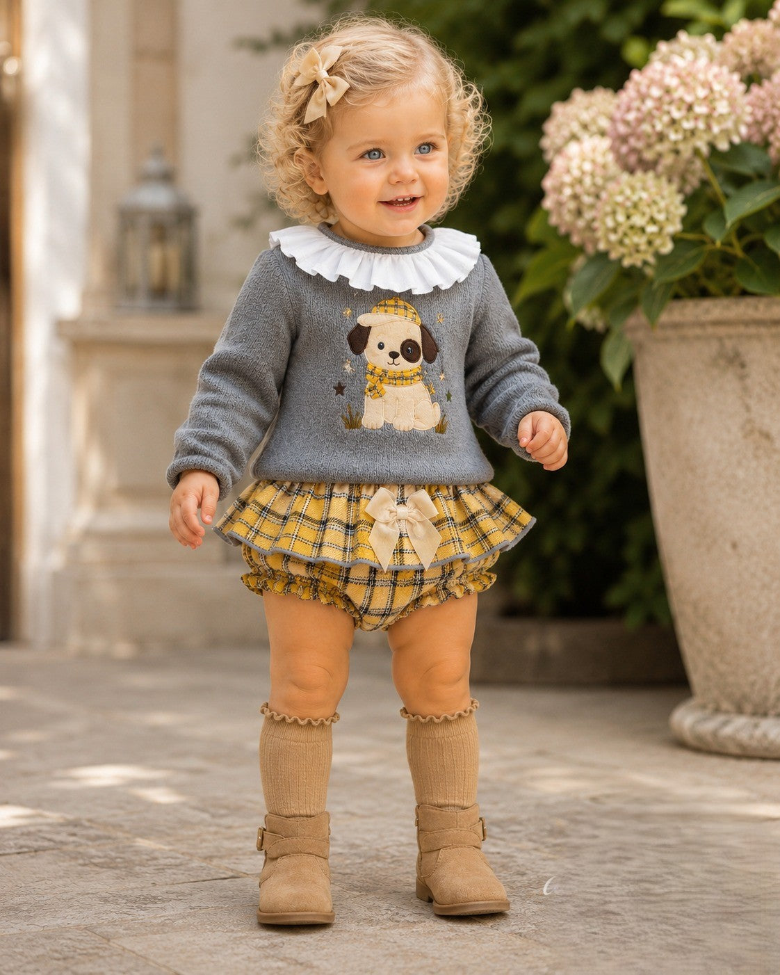 Conjunto Bebé Punto Gris y Cuadros Amarillos | Sonajero Kids