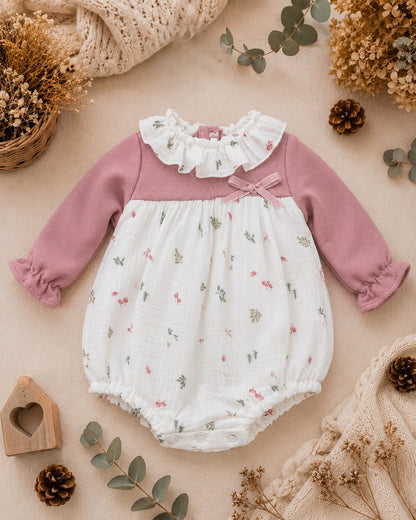 Pelele de Punto Rosa y Muselina Estampada para Bebé | Sonajero Kids