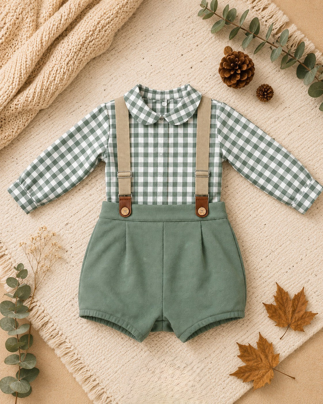 Conjunto Infantil Cuadros Vichy y Tirantes Verde Oliva | Sonajero Kids