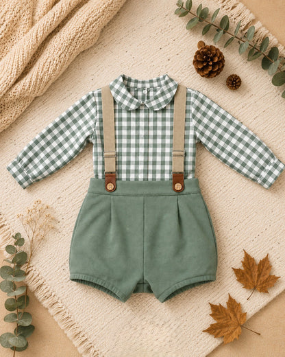 Conjunto Infantil Cuadros Vichy y Tirantes Verde Oliva | Sonajero Kids