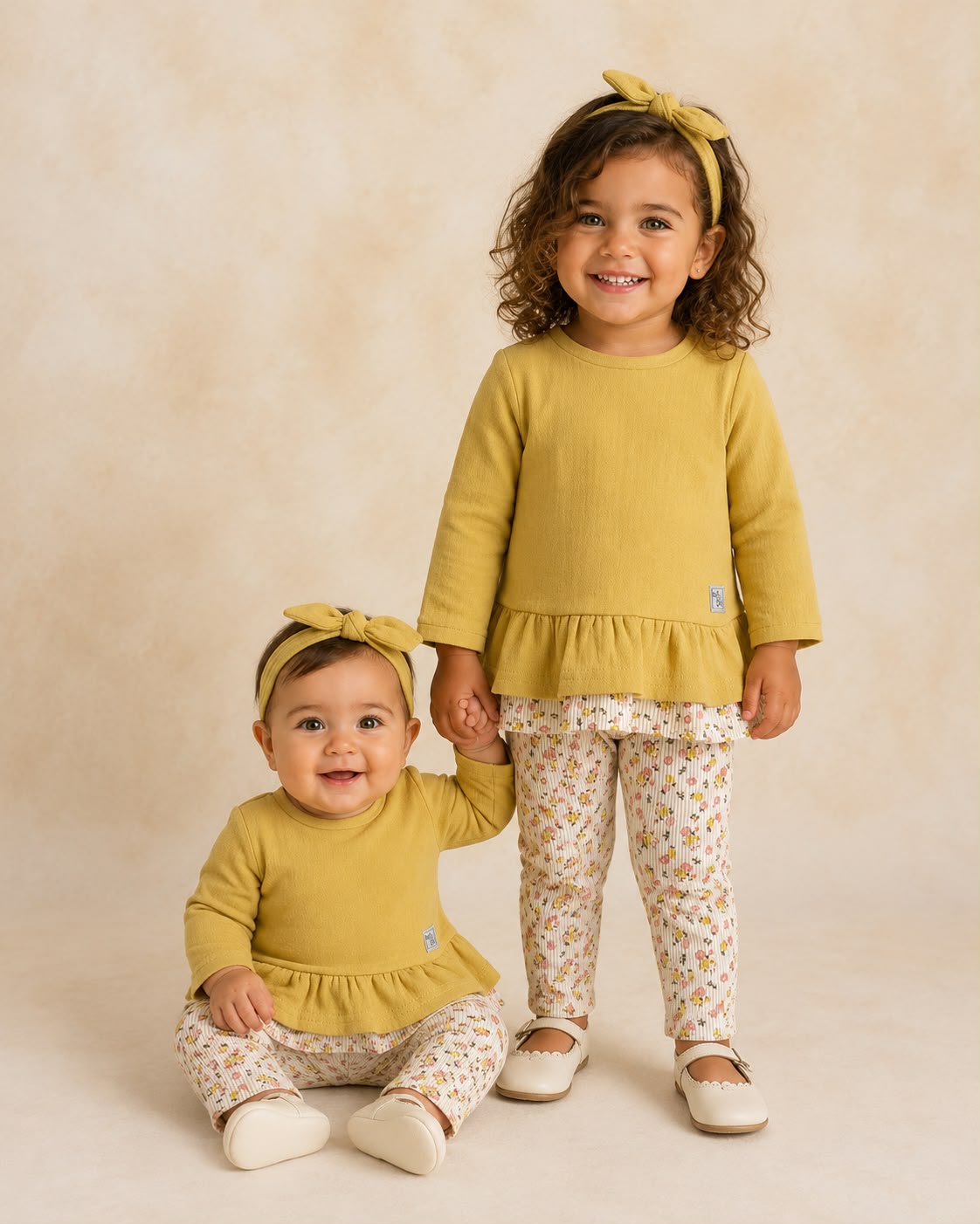 Conjunto Dúo Floral y Mostaza | Ropa a Juego para Niñas