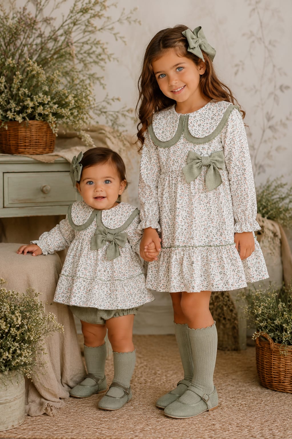 Conjunto Bebé Vestido Floral y Bombacho Verde | Moda Infantil | Sonajero Kids