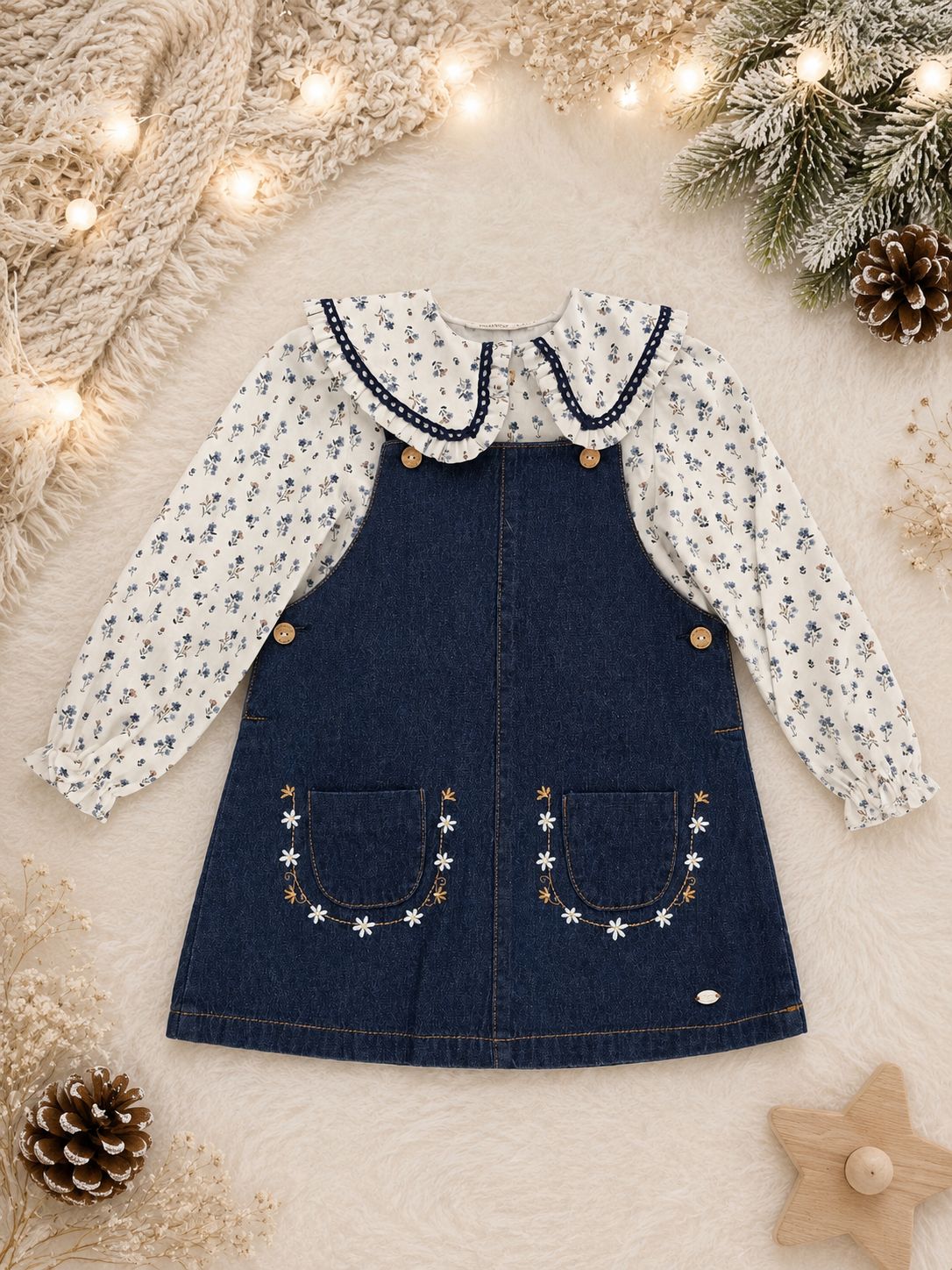 Conjunto Pichi Vaquero y Blusa Flores Bebé Niña | Boutique Infantil | Sonajero Kids