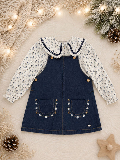 Conjunto Pichi Vaquero y Blusa Flores Bebé Niña | Boutique Infantil | Sonajero Kids