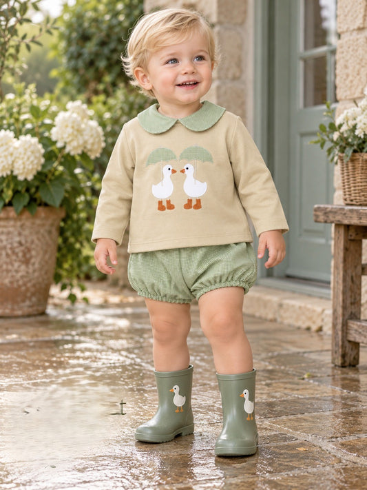 Conjunto Bebé Patitos Verde y Beige | Moda Infantil | Sonajero Kids