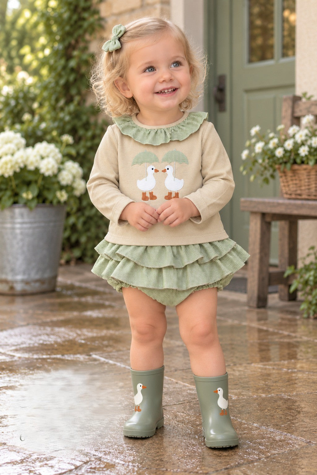 Conjunto Bebé Patitos Vichy Verde | Sonajero Kids