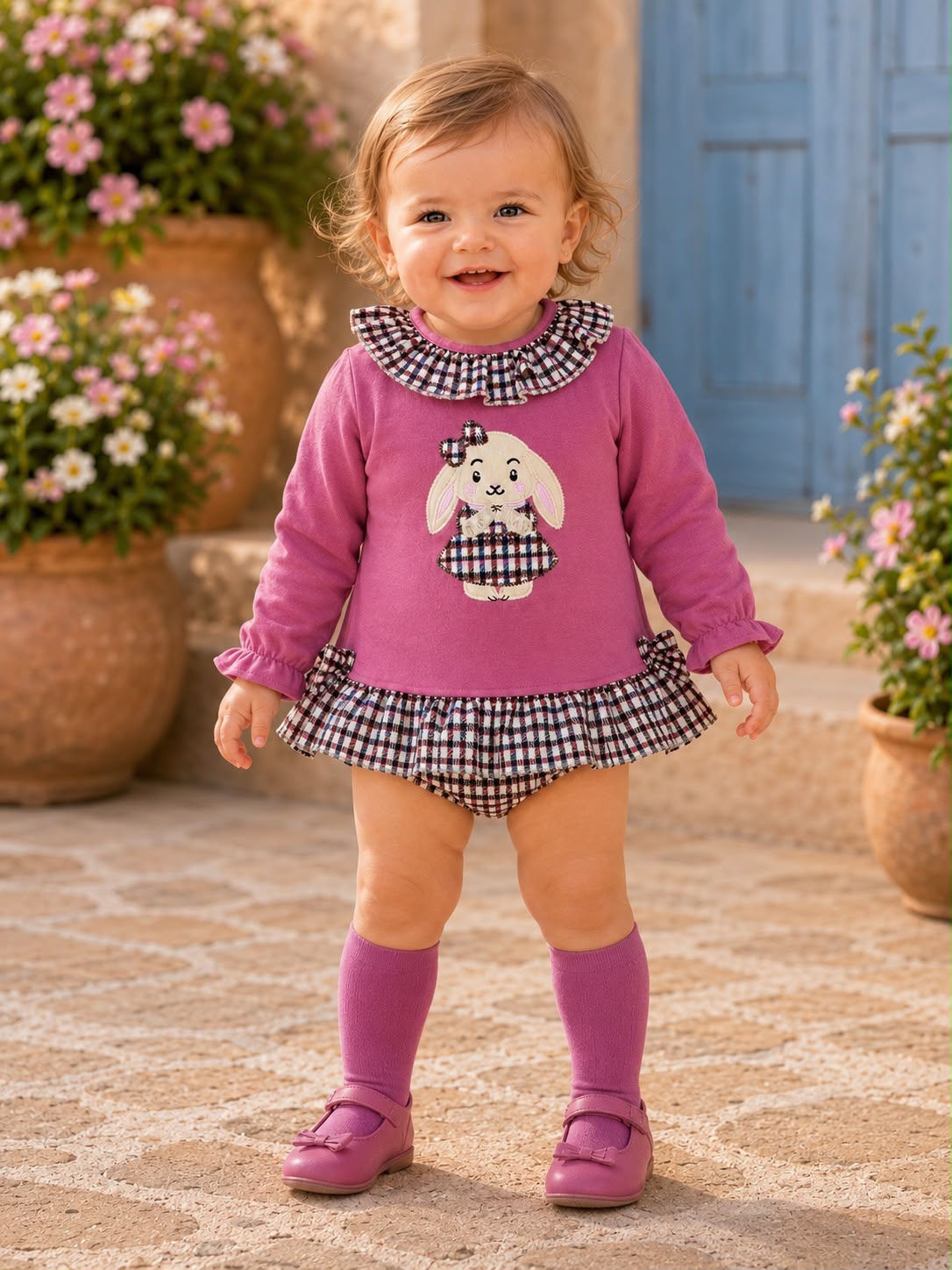 Conjunto Bebé Niña Malva con Cuello Vichy y Conejito | Sonajero Kids