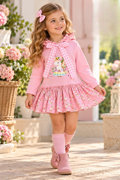 Vestido Infantil Rosa con Capucha y Estampado de Unicornio | Sonajero Kids