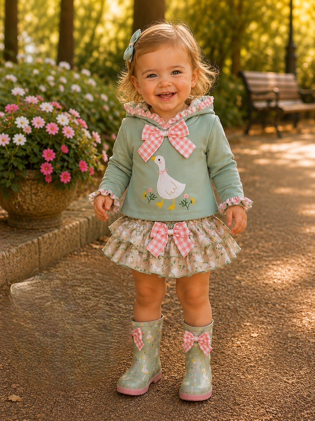 Conjunto Infantil Patito Verde y Cuadros Rosa | Moda Infantil | Sonajero Kids