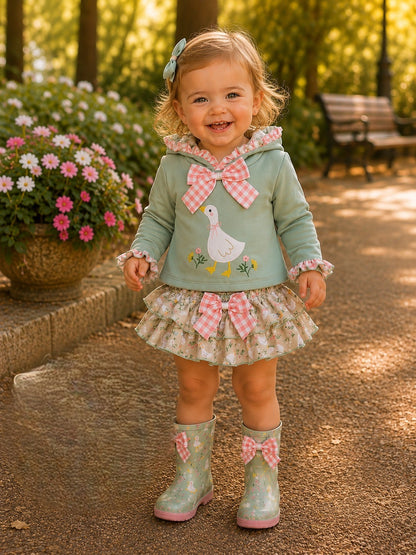 Conjunto Infantil Patito Verde y Cuadros Rosa | Moda Infantil | Sonajero Kids