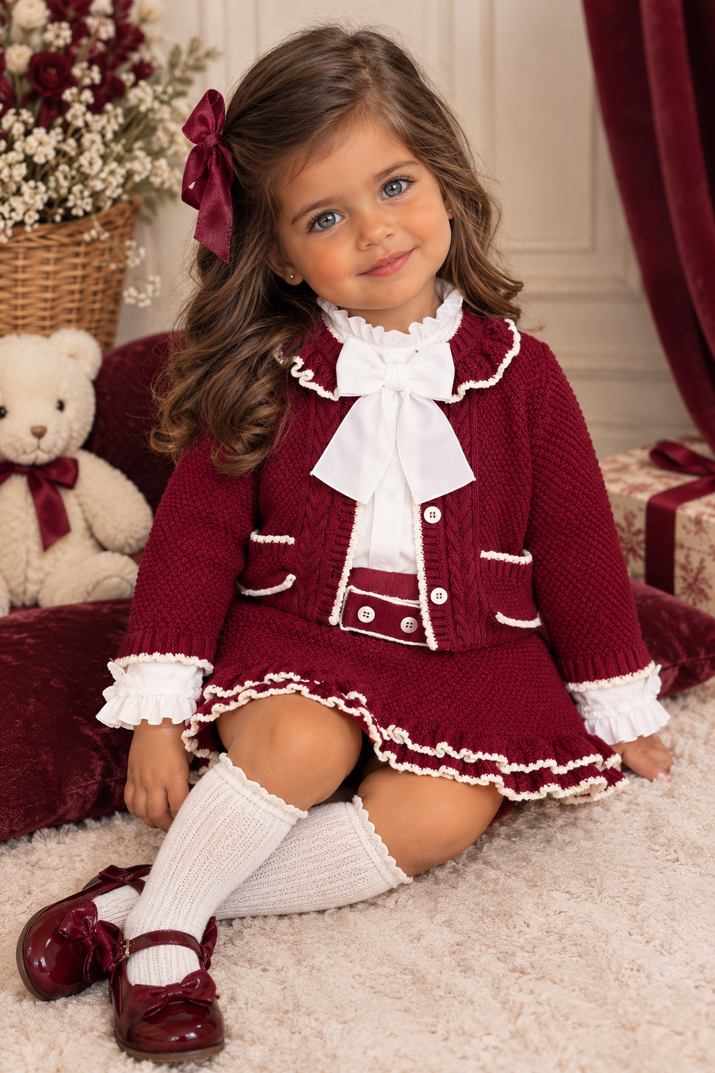 Conjunto 3 Piezas Borgoña de Niña | Moda Infantil | Sonajero Kids