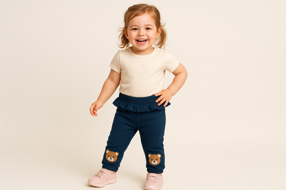 hazme una niña con este  pantalón de niña azul marino que tiene dos osistos en la parte baja y un volante en la cadera 