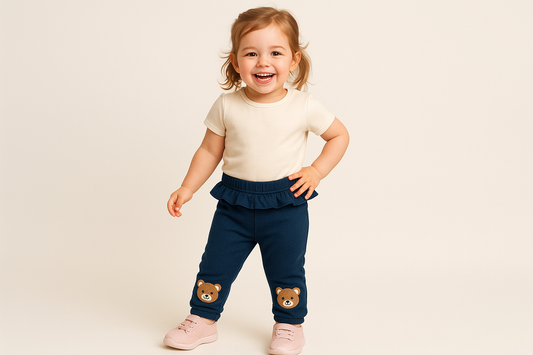 hazme una niña con este  pantalón de niña azul marino que tiene dos osistos en la parte baja y un volante en la cadera 
