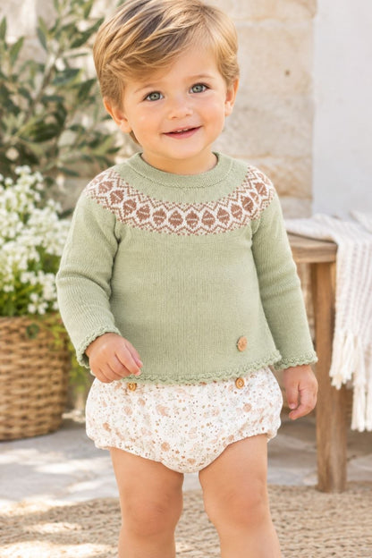 Conjunto de Punto Verde Agua y Culotte Floral para Bebé | Sonajero Kids