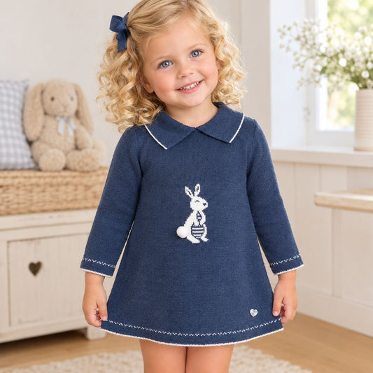 Vestido de Punto Infantil Azul Marino con Conejito | Moda Infantil | Sonajero Kids