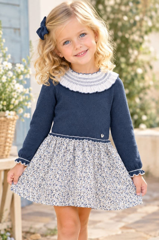   Vestido Infantil Azul Marino y Flores | Moda Infantil Clásica | Sonajero Kids