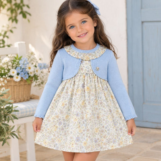 Conjunto Infantil de Punto Azul y Vestido Floral | Sonajero Kids